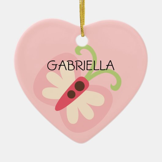 Roze vlinder met naam hart keramisch ornament (Voorkant)