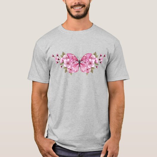 Roze Vlinder met Sakura T-shirt (Voorkant)