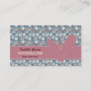 Roze vlinder op  Floral Blue Pattern Visitekaartje