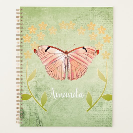 Roze vlinder op groene Floral Achtergrond Planner (Voorkant)