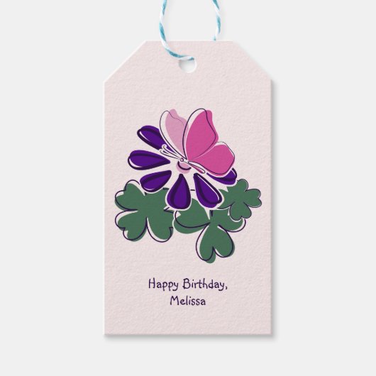 Roze Vlinder Paarse Bloem Blush Happy Birthday Cadeaulabel (Voorkant)