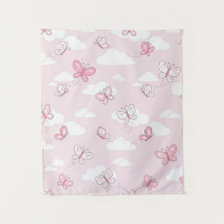 Roze Vlinder Pastel Wolken Kinderkamer Muur Tapijt Wandkleed