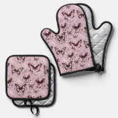 Roze Vlinder Patroon Ovenwant & Pannenlap Set (Voorkant / Achterkant)