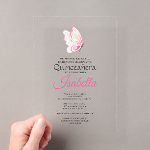 Roze Vlinder Quinceanera 15e Verjaardag Acryl Uitnodigingen
