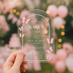 Roze Vlinder Quinceanera Acryl Uitnodiging