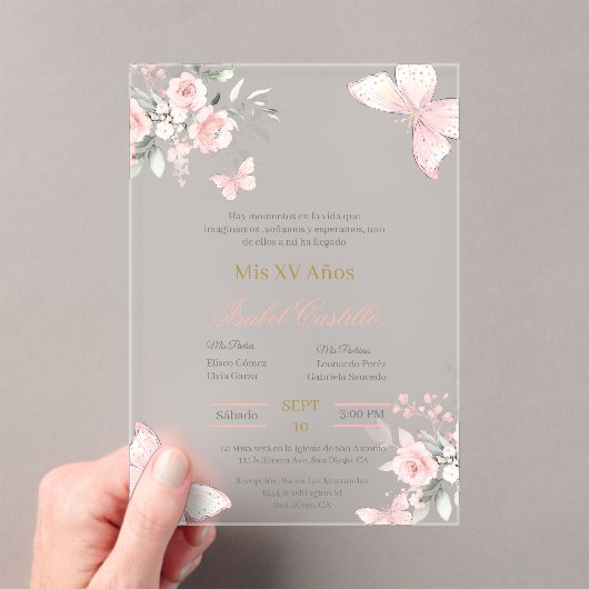 Roze vlinder Quinceanera uitnodiging (Insitu (Draagbaar))