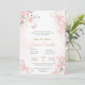 Roze vlinder Quinceanera uitnodiging (Staand voorkant)