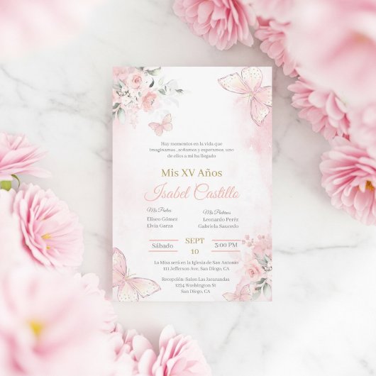 Roze vlinder Quinceanera uitnodiging