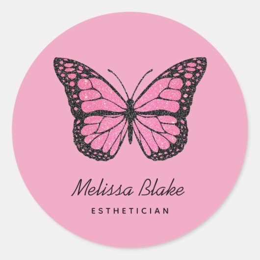 roze vlinder ronde sticker (Voorkant)