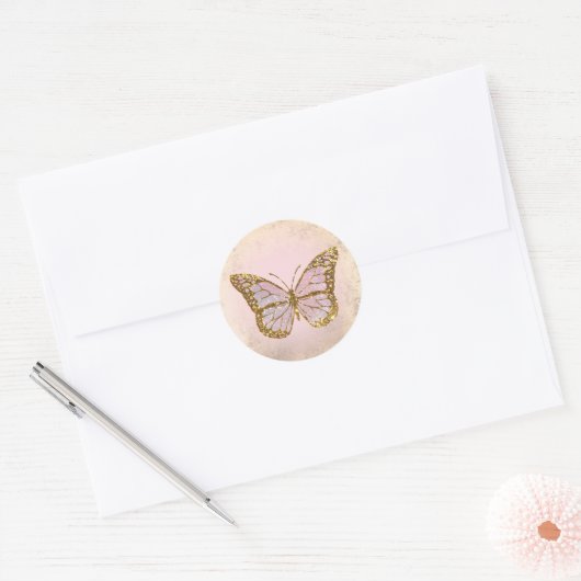 roze vlinder ronde sticker (Envelop)