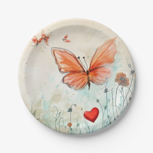 Roze Vlinder & Rood Hart Papieren Bordje (Voorkant)