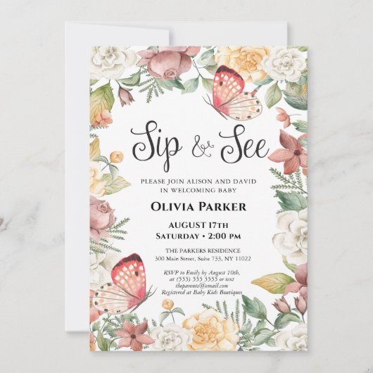 Roze Vlinder Roos Bloemen Baby Meisje SIP EN SEE Kaart (Voorkant)