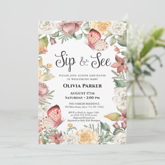 Roze Vlinder Roos Bloemen Baby Meisje SIP EN SEE Kaart (Staand voorkant)