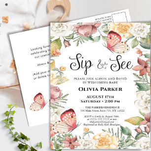 Roze Vlinder Roos Bloemen Baby Meisje SIP EN SEE Uitnodiging Briefkaart