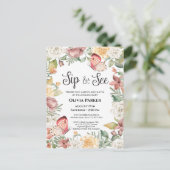 Roze Vlinder Roos Bloemen Baby Meisje SIP EN SEE Uitnodiging Briefkaart (Staand voorkant)