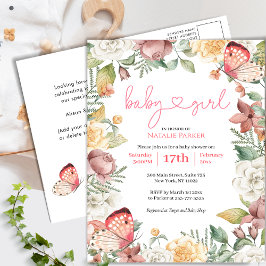 Roze Vlinder Roos Bloemen Groen Meisje Baby shower Uitnodiging Briefkaart