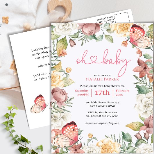 Roze Vlinder Roos Bloemen Groen Meisje Baby shower Uitnodiging Briefkaart