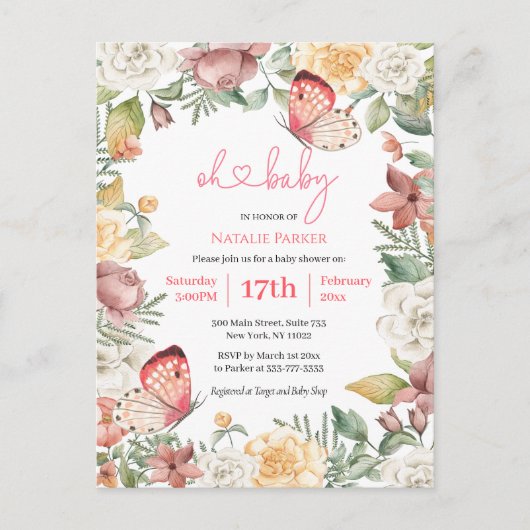 Roze Vlinder Roos Bloemen Groen Meisje Baby shower Uitnodiging Briefkaart (Voorkant)