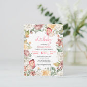 Roze Vlinder Roos Bloemen Groen Meisje Baby shower Uitnodiging Briefkaart (Staand voorkant)