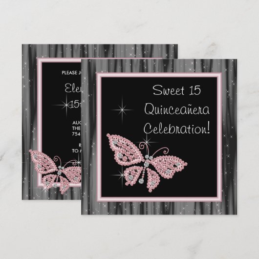 Roze Vlinder Roze Zwarte Quinceanera Kaart (Voorkant / Achterkant)