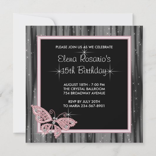 Roze Vlinder Roze Zwarte Quinceanera Kaart (Achterkant)