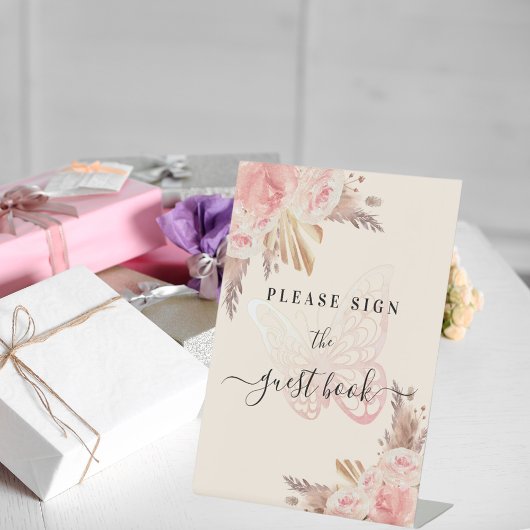 Roze vlinder rozen beige pampas gastenboek teken reclamebord met voetstuk