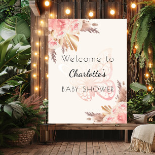 Roze vlinder rozen pampas Baby shower welkom Poster