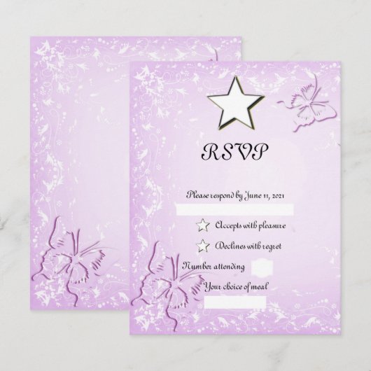 Roze vlinder RSVP kaartje (Voorkant / Achterkant)
