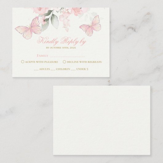 Roze Vlinder RSVP Quinceanera Informatiekaartje (Voorkant / Achterkant)