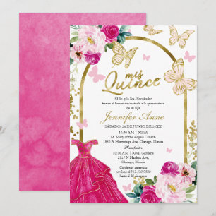 Roze Vlinder Spaanse Quinceanera Uitnodigingen