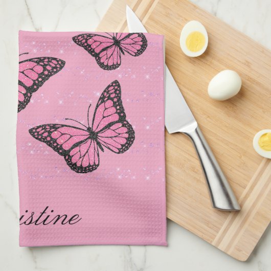 roze vlinder theedoek (Quarter Fold)