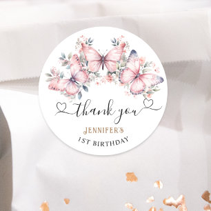 Roze Vlinder Thema 1e Verjaardag Favor Classic Ronde Sticker