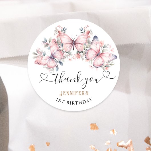 Roze Vlinder Thema 1e Verjaardag Favor Classic Ronde Sticker
