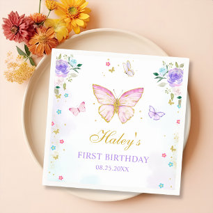 Roze Vlinder Thema Bloemen Meisje Verjaardagsfeest Servet