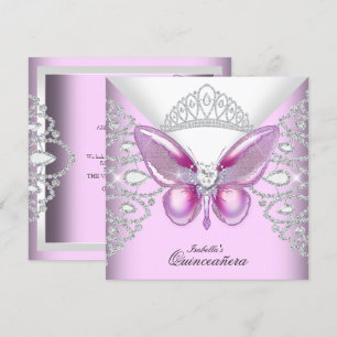 Roze Vlinder Tiara Quinceanera 15de Feest Kaart