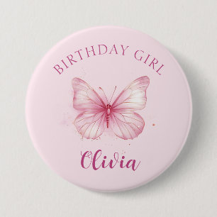 Roze Vlinder Verjaardag Meisje Badge Ronde Button 7,6 Cm