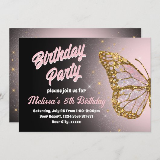 Roze vlinder Verjaardag Uitnodiging (Voorkant / Achterkant)