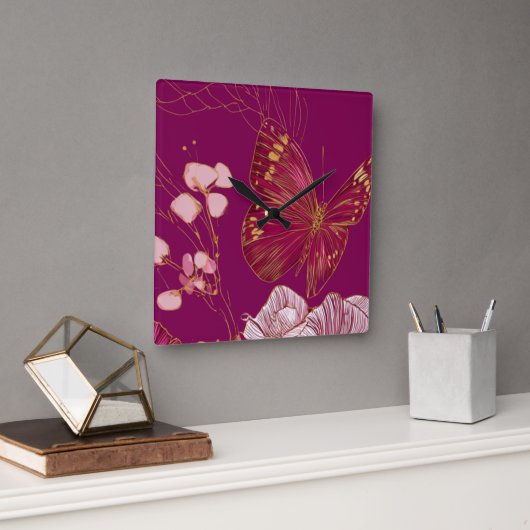 Roze Vlinder Vierkante Klok (Kantoor)