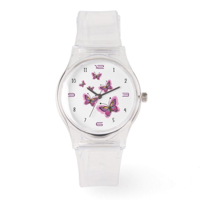 Roze Vlinder Vlucht – Elegante Minimalist Horloge (Voorkant)