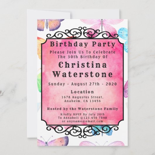 Roze Vlinder Waterverf 30ste Verjaardagsfeest Kaart (Achterkant)