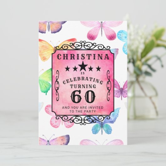 Roze Vlinder Waterverf 60ste Verjaardagsfeest Kaart (Staand voorkant)