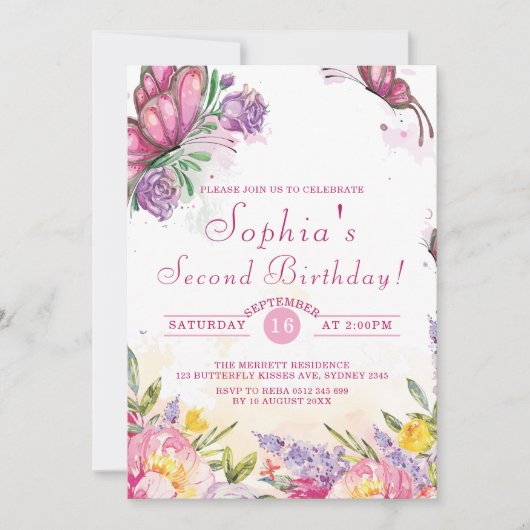 Roze Vlinder Waterverf Bloemen Verjaardag Kaart (Voorkant)