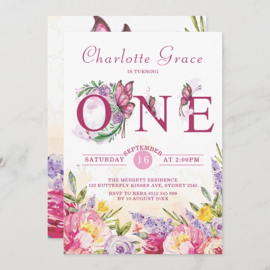 Roze Vlinder Waterverf Bloemen Verjaardag Kaart (Voorkant / Achterkant)