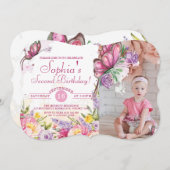 Roze Vlinder Waterverf Bloemen Verjaardag Kaart (Voorkant / Achterkant)