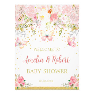 Roze vlinder welkom teken foto afdruk