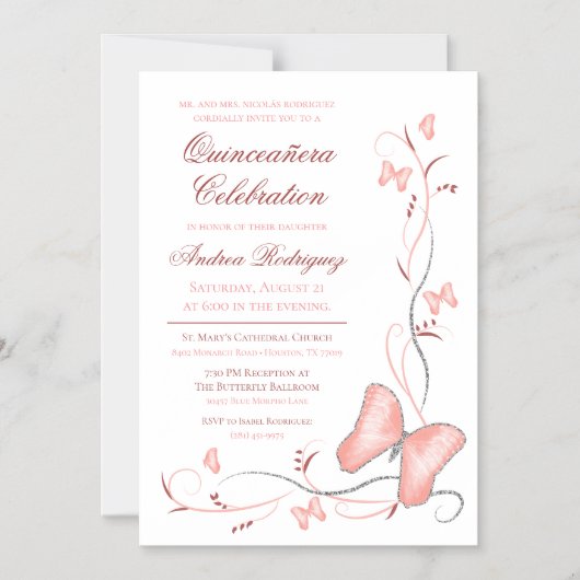Roze Vlinder & wervelingen Quinceañera Magnetische Uitnodiging (Voorkant)