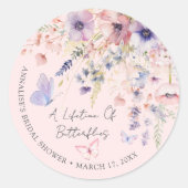 Roze Vlinder Wilde Bloem Bruidsdouche Ronde Sticker (Voorkant)