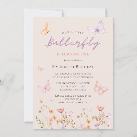 Roze Vlinder Wilde Bloem Meisje Eerste Verjaardag  Kaart (Voorkant)