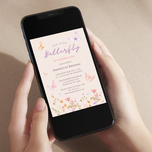 Roze Vlinder Wilde Bloem Meisje Eerste Verjaardag  Kaart