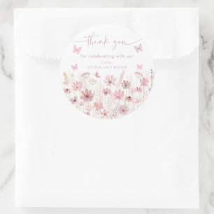 Roze Vlinder Wilde Bloemen Baby Shower Ronde Sticker